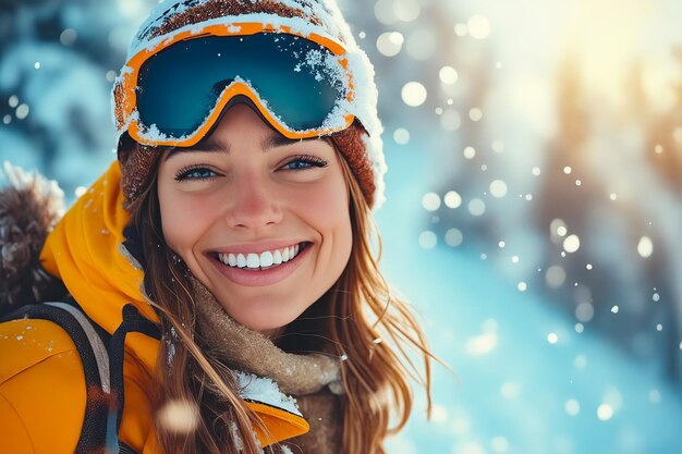 Photo une femme avec un grand sourire portant des lunettes de protection et un manteau d'hiver