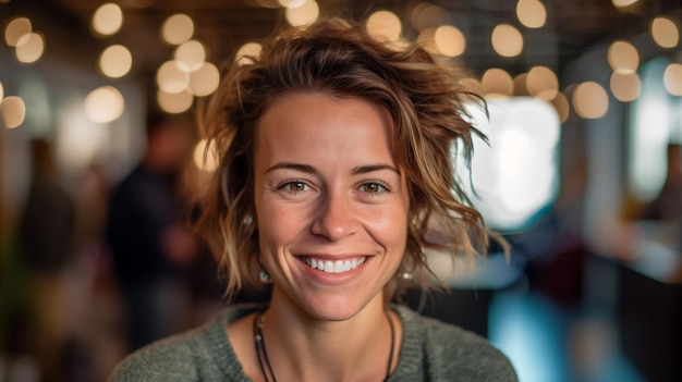 Une femme avec un grand sourire sourit à la caméra.