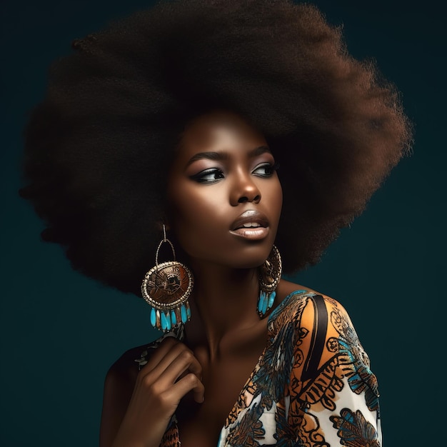 Une femme avec une grande coiffure afro et un collier bleu et or.