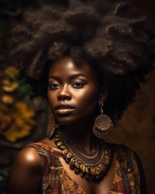 Une femme avec une grande coiffure afro et un collier