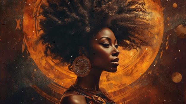 Une femme avec une grande coiffure afro se tient devant un fond doré.
