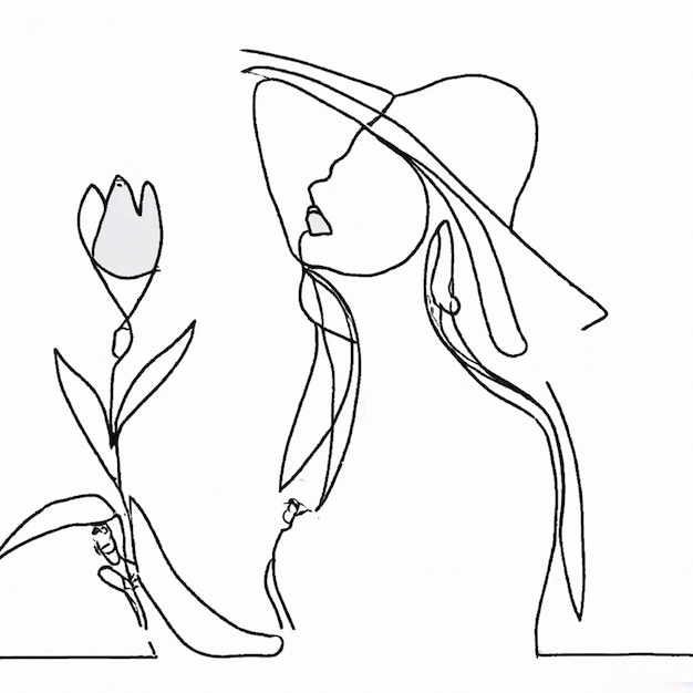 Photo femme avec grande fleur de printemps. illustration d'art papier vectoriel. style continu à une ligne