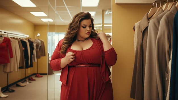 Une femme de grande taille choisit des vêtements dans le magasin Style et mode pour les personnes de grande taille AI