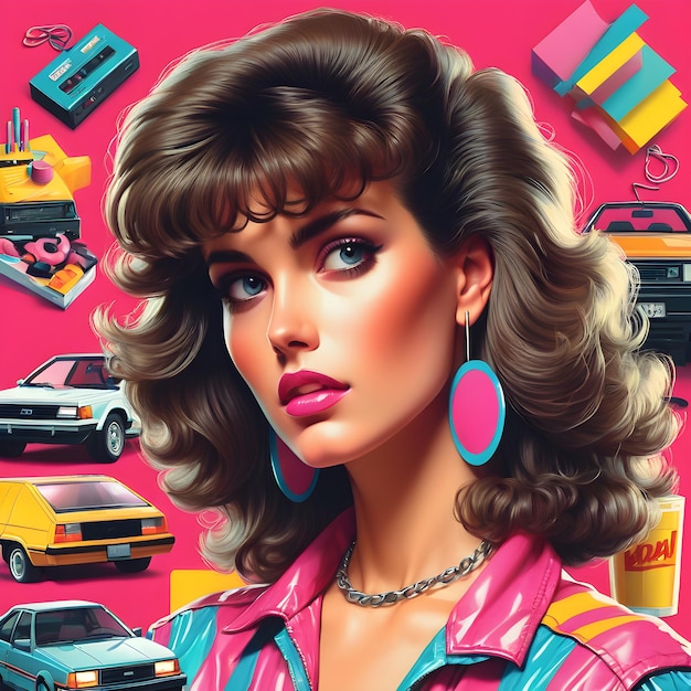 une femme avec de grandes boucles d'oreilles et une chemise rose qui dit voiture illustration de style rétro 1980