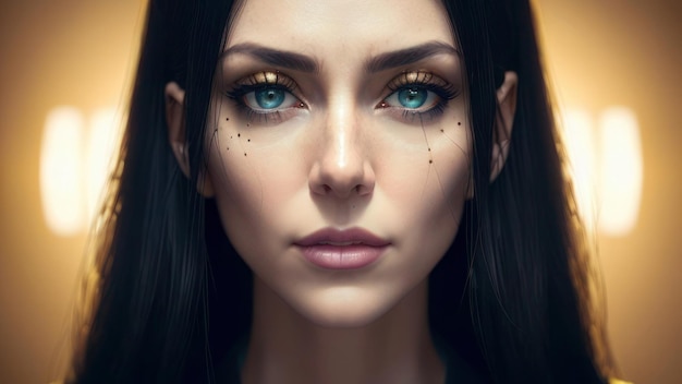 Une femme avec de grands yeux et un haut noir et des paillettes dorées sur les yeux