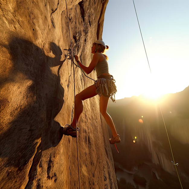 Photo une femme grimpant sur une escalade d'une montagne illustration de l'ia générative