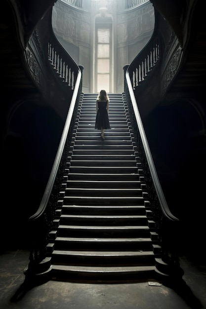 une femme grimpant un escalier