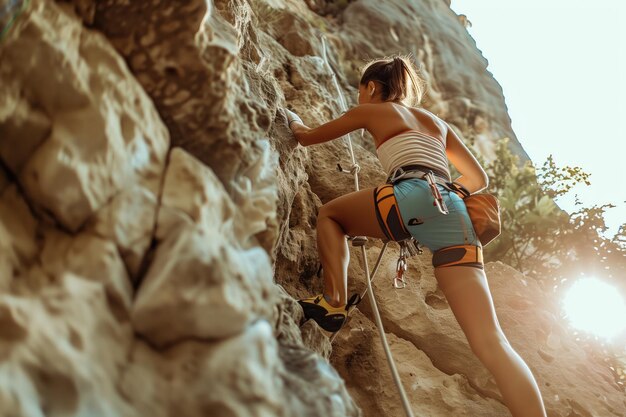 une femme grimpant sur un mur de roche avec une corde d'escalade