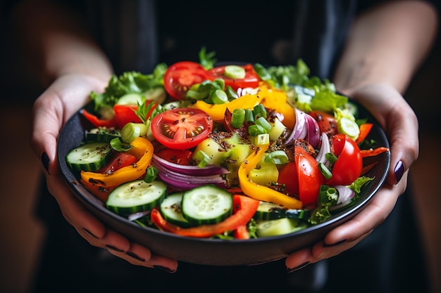 Une femme en gros plan mangeant une salade de nourriture saine