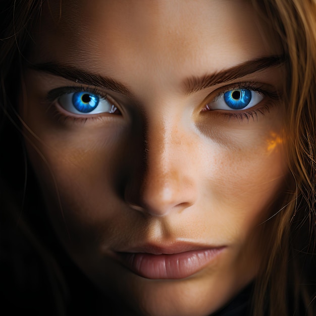 Photo une femme en gros plan, des yeux bleus, noirs et dorés.