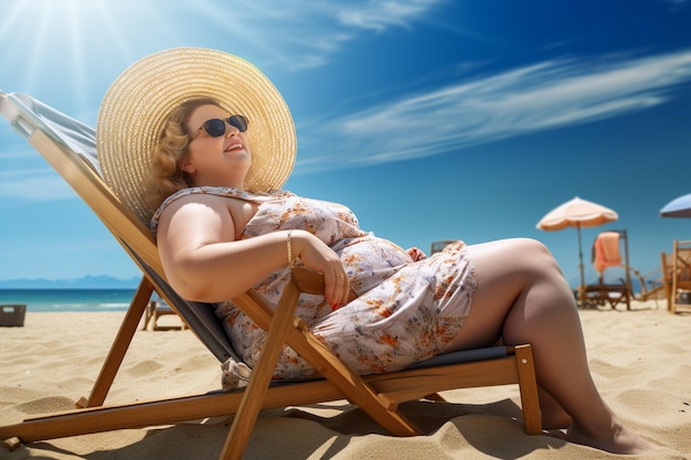 Une femme grosse est assise et se détend sur la plage avec la plage et la mer en arrière-plan