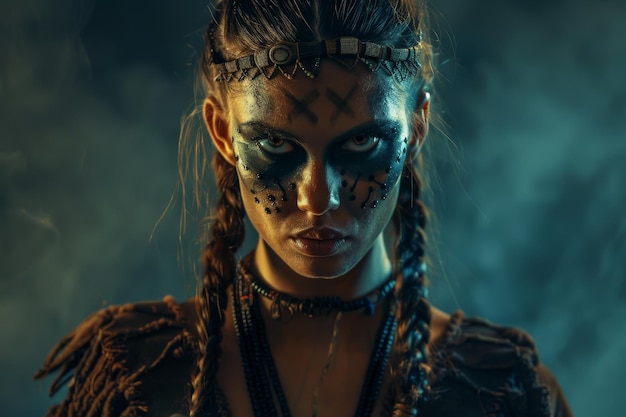 Une femme guerrière tribale intense avec la peinture du visage dans un éclairage spectaculaire
