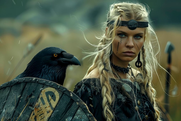 Une femme guerrière viking mystique, une fille bouclier blonde aux cheveux tressés et un corbeau noir.