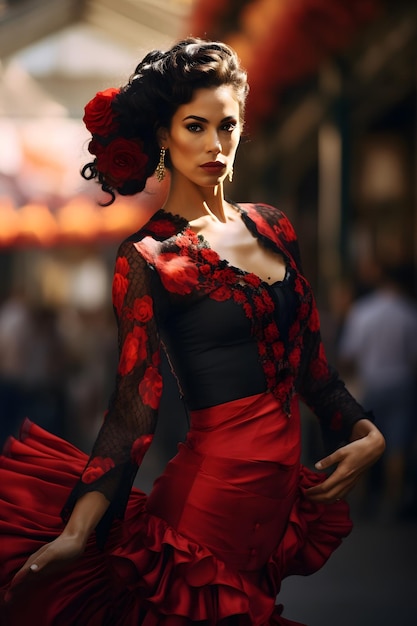 Photo une femme habillée en flamenco pour la foire d'avril