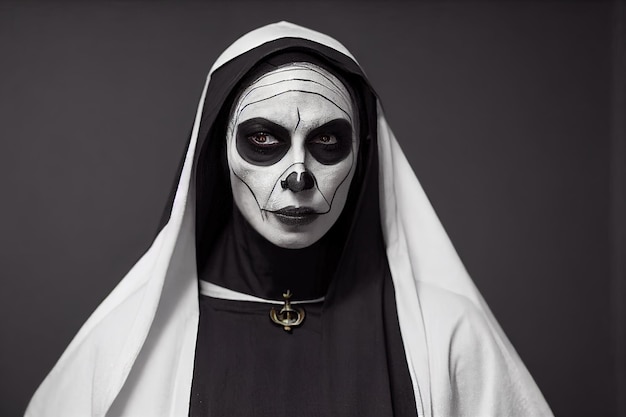 Femme habillée en nonne pour Halloween avec maquillage crâne