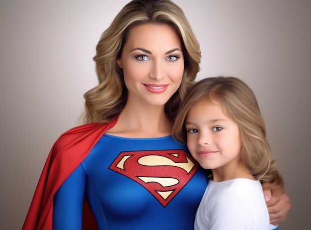 Une femme habillée en super-héros et sa fille en spandex la tenant