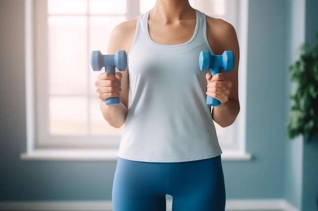 une femme avec des haltères bleus dans les mains