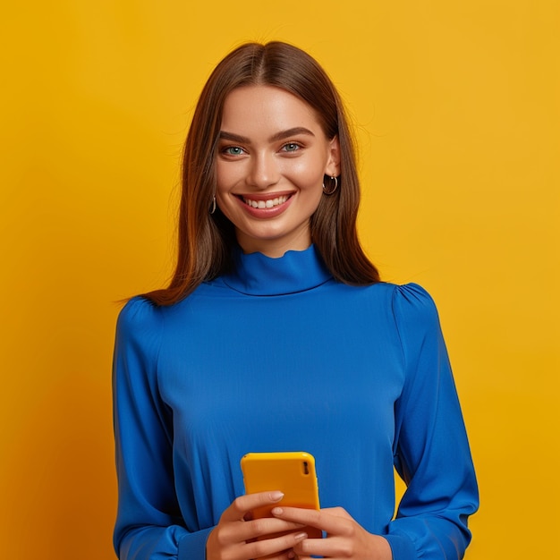 une femme en haut bleu tient un téléphone jaune