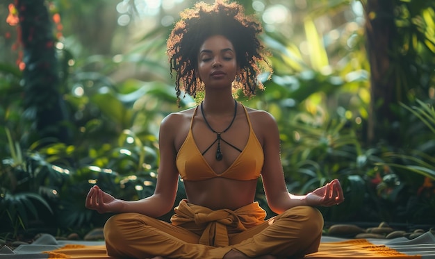 une femme en haut jaune est assise dans une posture de yoga