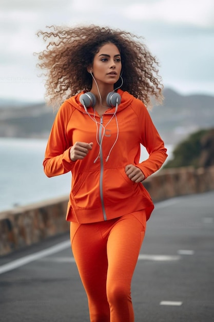 Photo une femme avec un haut orange et des écouteurs court sur une route