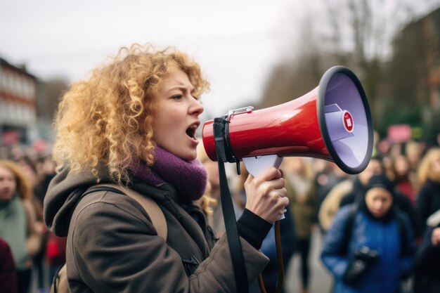 Photo une femme avec un haut-parleur parle à la foule