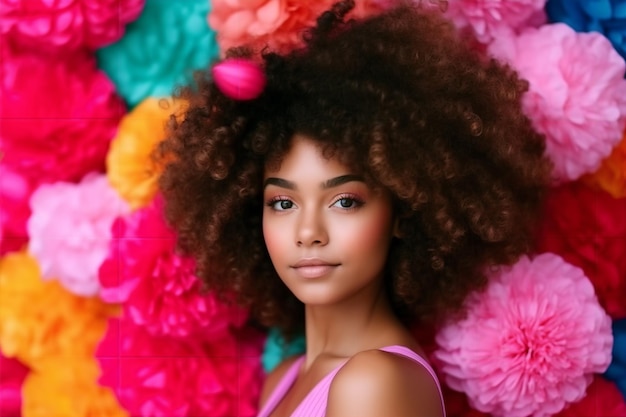 Une femme avec un haut rose et un haut rose se tient devant un mur de fleurs colorées.