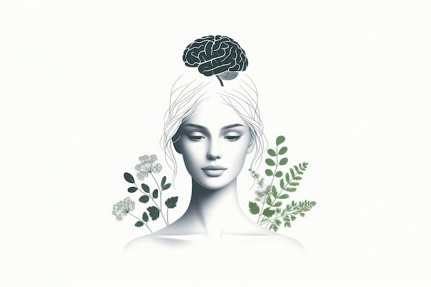 Photo une femme avec des herbes et du cerveau sur sa tête avec des pensées saines sur un fond blanc vif