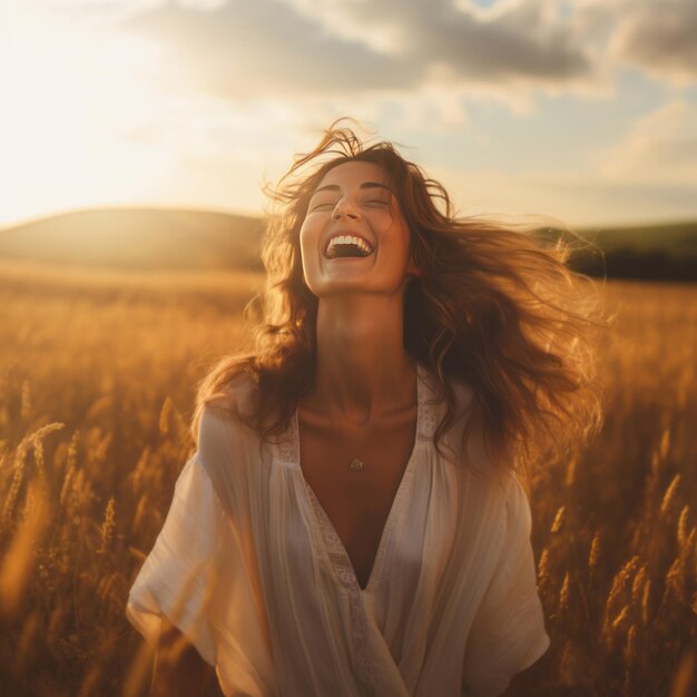 Femme heureuse appréciant le coucher du soleil dansant dans le champ