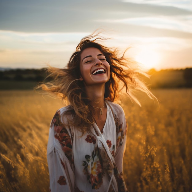 Femme heureuse appréciant le coucher du soleil en riant les yeux fermés dans le champ
