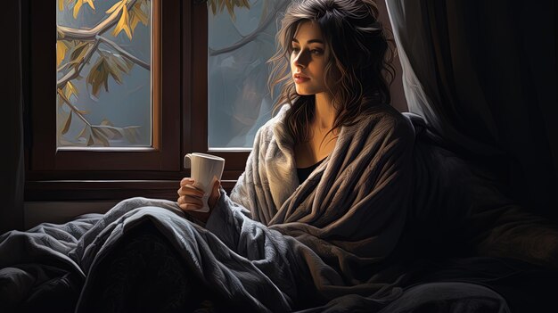 une femme heureuse assise sur le canapé couverte d'une couverture grise avec une tasse de café