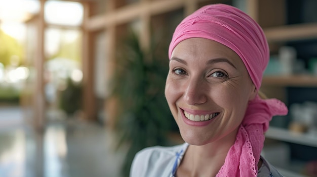 Photo une femme heureuse, atteinte d'un cancer, souriante après un traitement de chimiothérapie au service d'oncologie de l'hôpital.