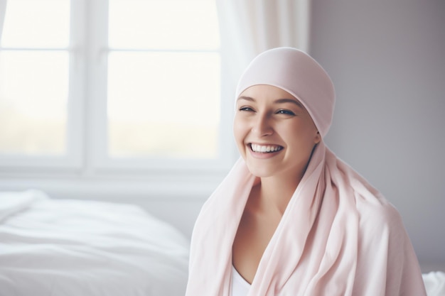 Une femme heureuse, atteinte d'un cancer, souriante après un traitement de chimiothérapie au service d'oncologie de l'hôpital.