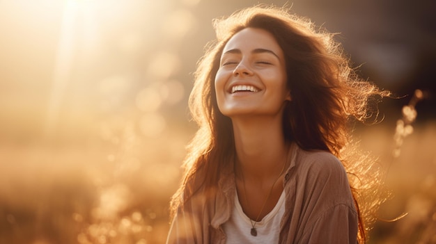 Une femme heureuse au coucher du soleil.