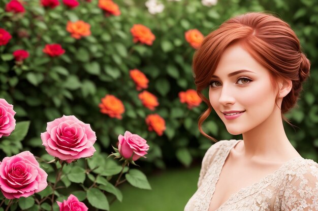 Femme heureuse avec de beaux cheveux sur le fond d'un jardin fleuri Generative AI