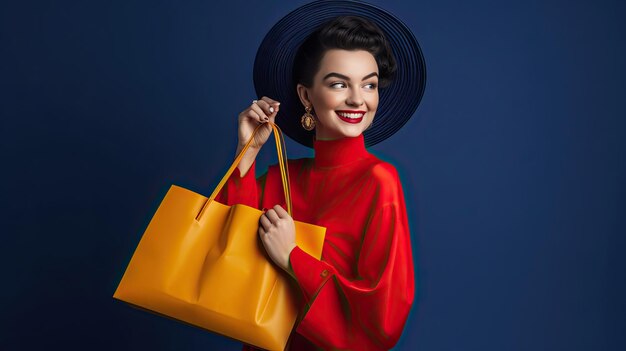 Femme heureuse en bleu avec sac rouge et lunettes