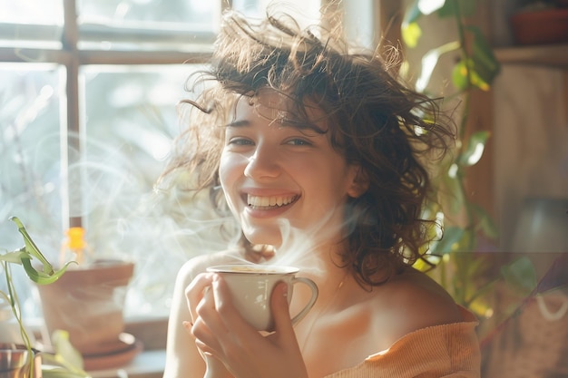 Une femme heureuse avec des boucles en désordre