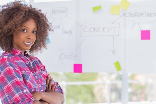 Femme heureuse avec les bras croisés devant le tableau blanc