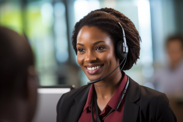 Femme heureuse avec un casque travaillant au centre d'appels