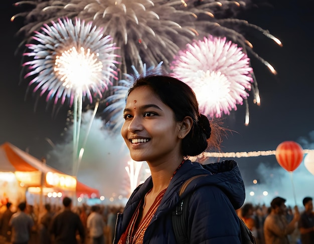 Une femme heureuse célèbre la fête avec des feux d'artifice la nuit