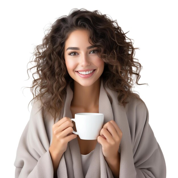 Une femme heureuse et chaleureuse avec une tasse de café.