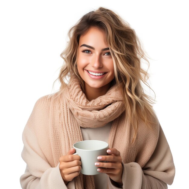 Une femme heureuse et chaleureuse avec une tasse de café.