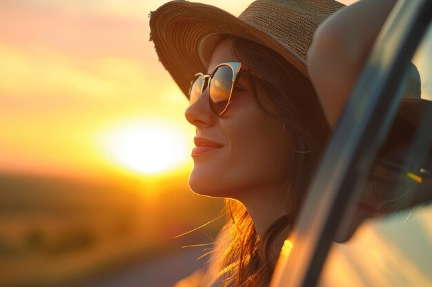 Une femme heureuse avec un chapeau et des lunettes de soleil s'appuie par la fenêtre derrière une voiture jaune sur une route de campagne regardant un beau paysage avec le coucher du soleil elle regarde dans le style du concept de vacances d'été