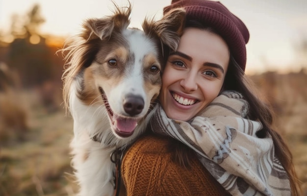 Une femme heureuse avec un chien souriant.