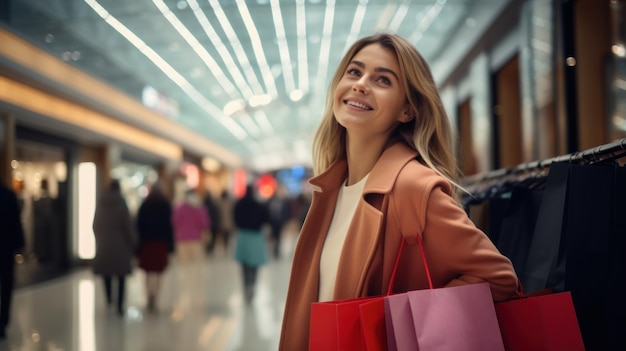 Femme heureuse, à, coloré, sacs provisions