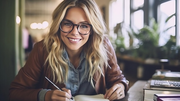 Femme heureuse ou créatrice de mode écrivant des idées pour sa petite entreprise dans un carnet de notes