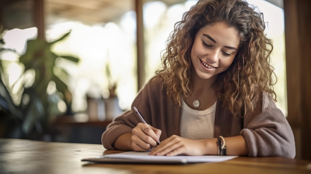 Femme heureuse ou créatrice de mode écrivant des idées pour sa petite entreprise dans un carnet de notes