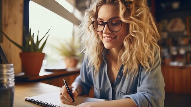 Femme heureuse ou créatrice de mode écrivant des idées pour sa petite entreprise dans un carnet de notes