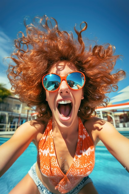 Photo une femme heureuse criant appréciant à l'intérieur de l'eau de la piscine