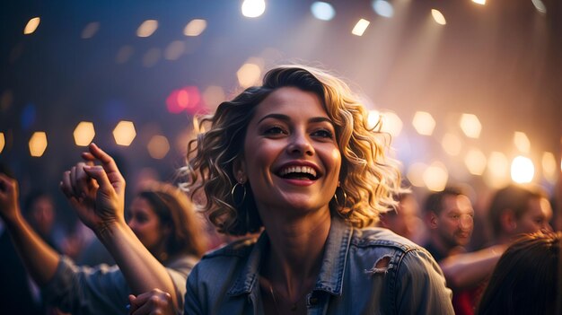 Une femme heureuse dans un concert AI générative