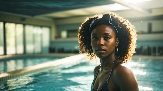 Femme heureuse dans la piscine Concept d'ajustement aquatique Portrait avec mise au point sélective